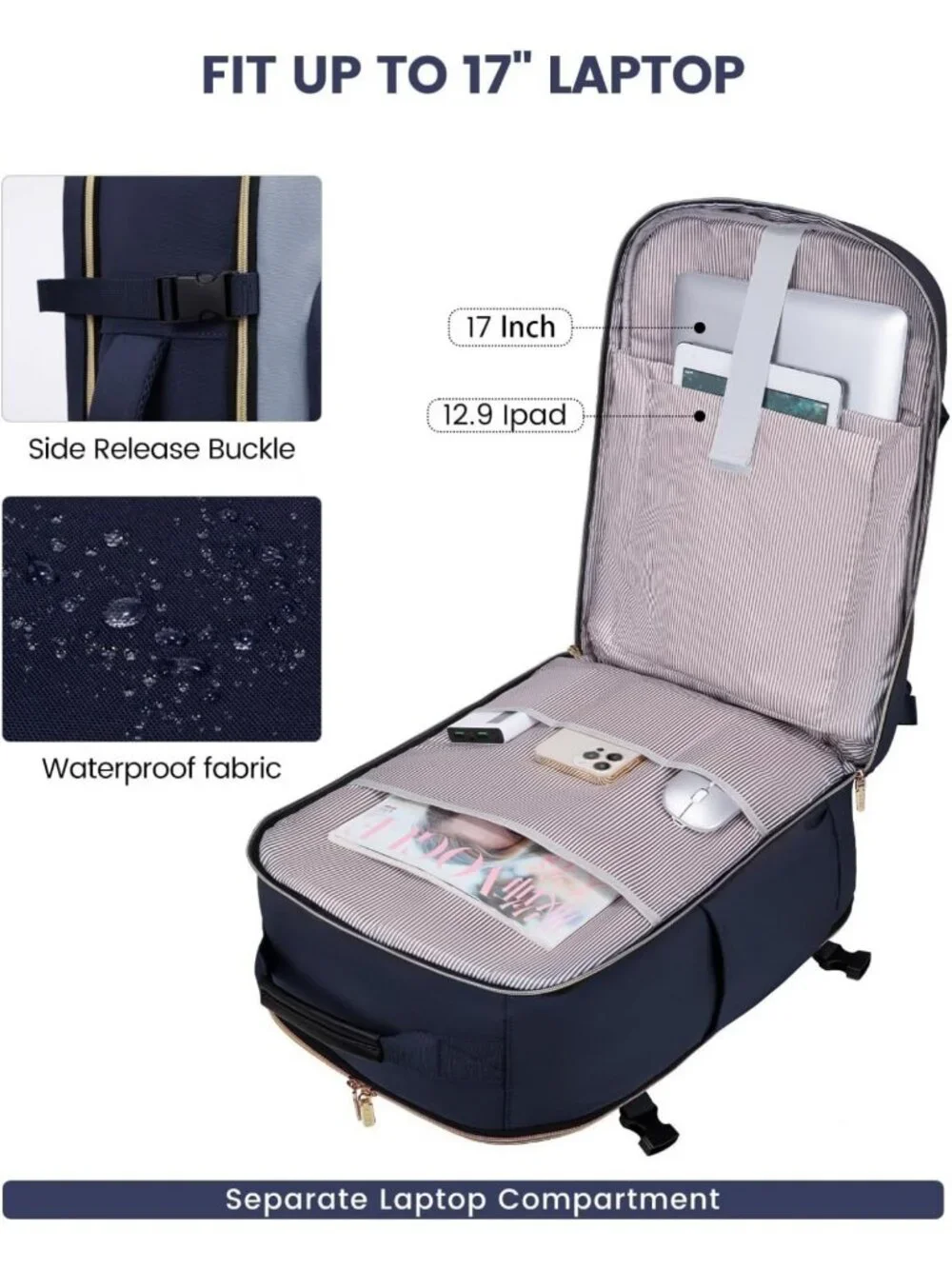 Spacious 40L Travel Backpack, Airline Approved Carry-On, Waterproof, Fits 17